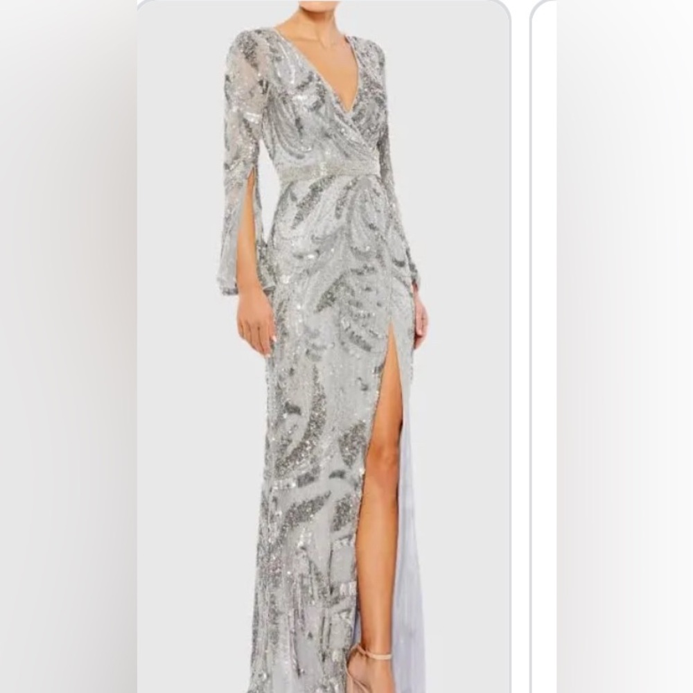 Mac Duggal Silver Gown with 3/4 Bishop Sleeves and Square Neckline